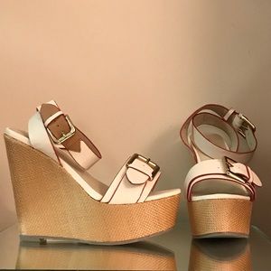 Nude & red faux leather ankle strap wedges